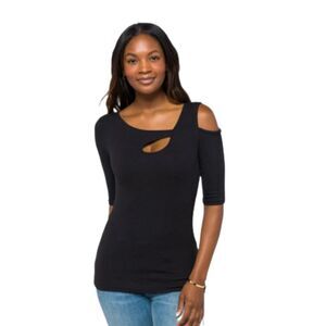 Goldray neckline cut out rib knit top BLACK SIZE 2X